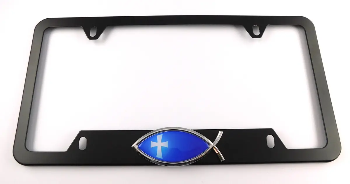 Christian Jesus Fish Metal Black Aluminium Car License Plate Frame Holder 4 Hole Bottom Cutout 1