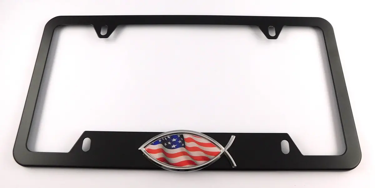 Copy Of Usa Jesus Fish Metal Black Aluminium Car License Plate Frame Holder 4 Hole Bottom Cutout 1