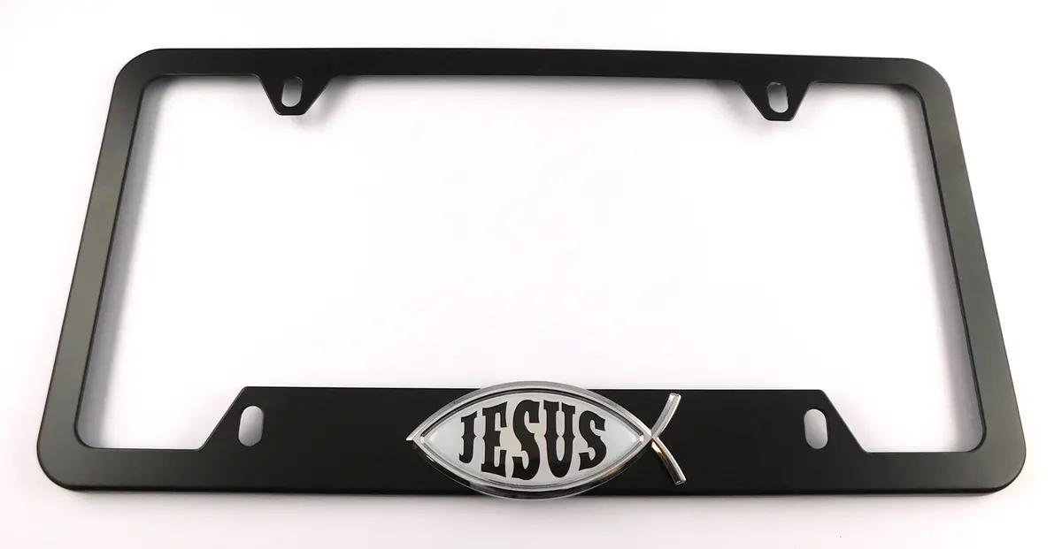 Jesus Fish Metal Black Aluminium Car License Plate Frame Holder 4 Hole Bottom Cutout 1