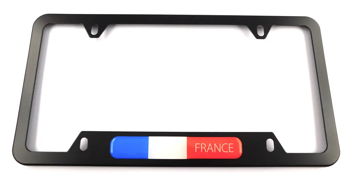 France Flag Metal Black Aluminium Car License Plate Frame Holder 4 Hole Bottom Cutout 1