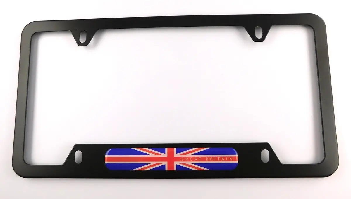 Great Britain Flag Metal Black Aluminium Car License Plate Frame Holder 4 Hole Bottom Cutout 1