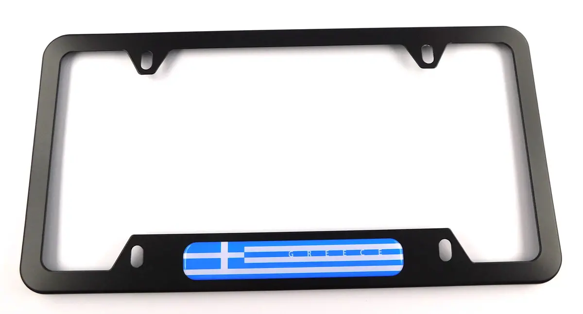 Greece Flag Metal Black Aluminium Car License Plate Frame Holder 4 Hole Bottom Cutout 1