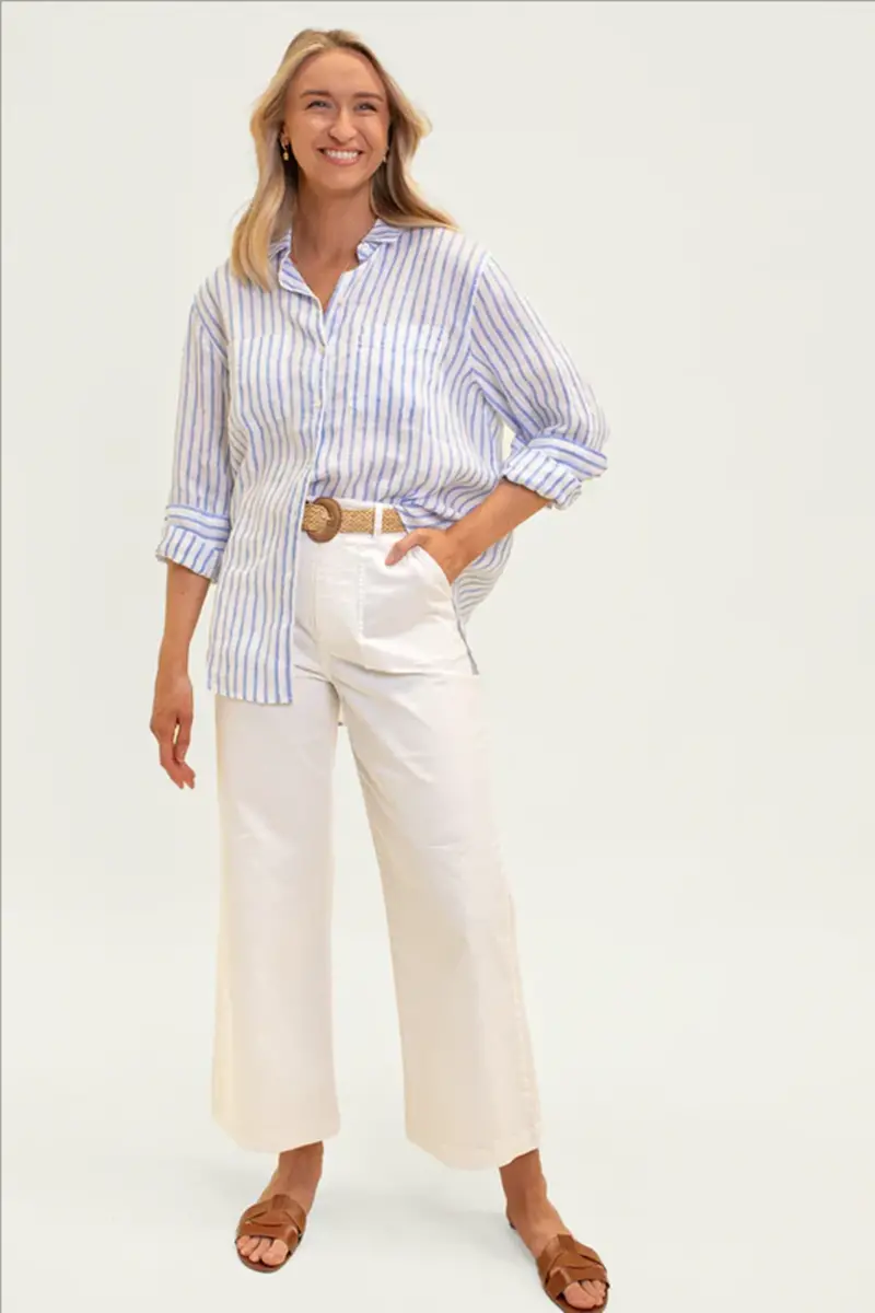 Hut - Boyfriend Linen Shirt - White & Blue Chambray Stripe 1