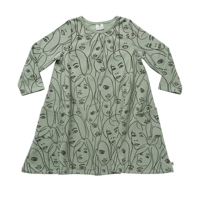 Hoot Kid - All The Faces Swing Dress - Sage 1
