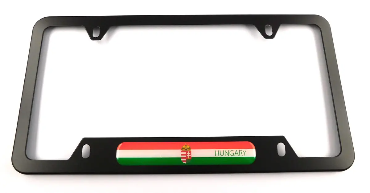 Hungary Flag Metal Black Aluminium Car License Plate Frame Holder 4 Hole Bottom Cutout 1