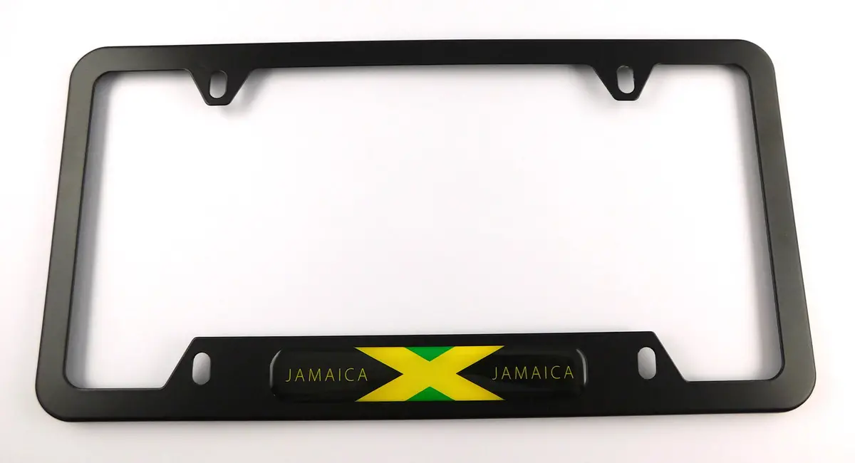 Jamaica Jamaican Flag Metal Black Aluminium Car License Plate Frame Holder 4 Hole Bottom Cutout 1