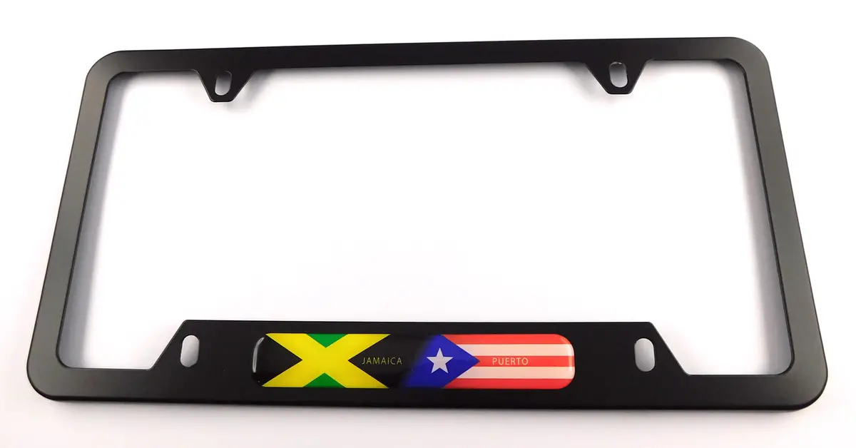 Jamaica Puerto Rico Flag Metal Black Aluminium Car License Plate Frame Holder 4 Hole Bottom Cutout 1
