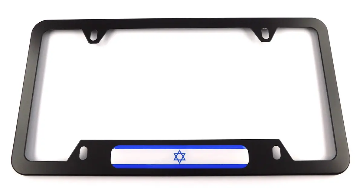 Jewish Flag Metal Black Aluminium Car License Plate Frame Holder 4 Hole Bottom Cutout 1