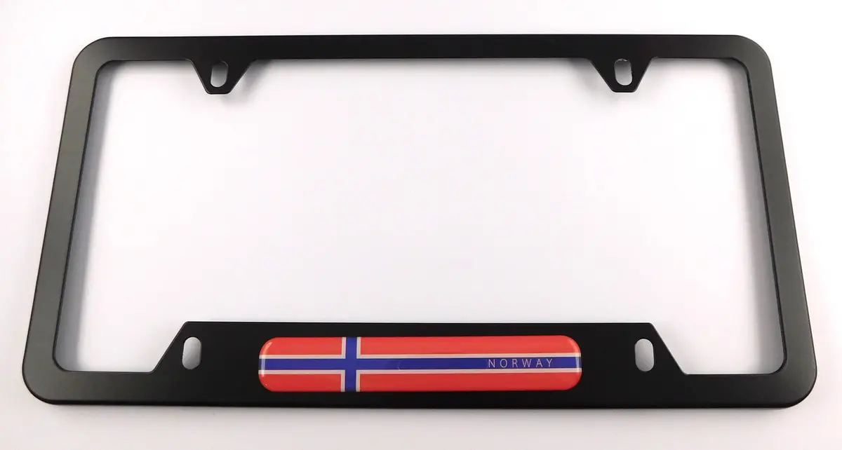 Norway Flag Metal Black Aluminium Car License Plate Frame Holder 4 Hole Bottom Cutout 1