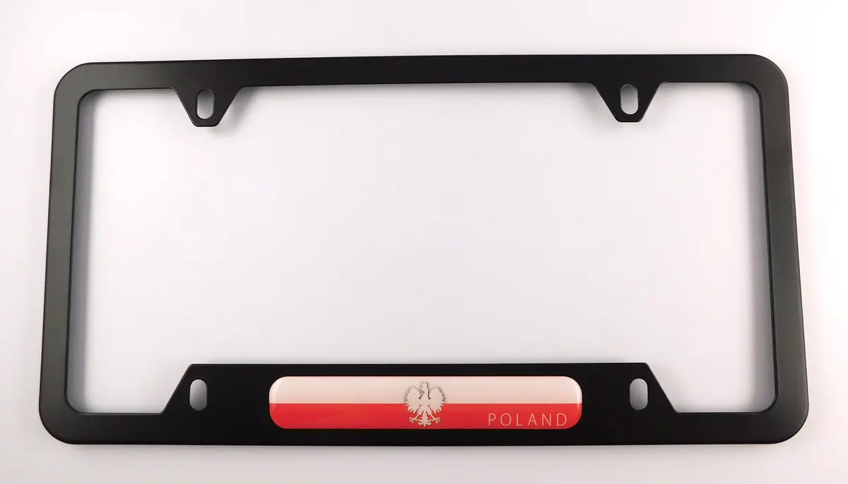 Poland Polish Flag Metal Black Aluminium Car License Plate Frame Holder 4 Hole Bottom Cutout 1