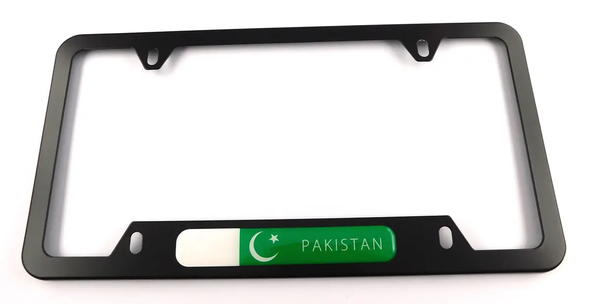 Pakistan Flag Metal Black Aluminium Car License Plate Frame Holder 4 Hole Bottom Cutout 1