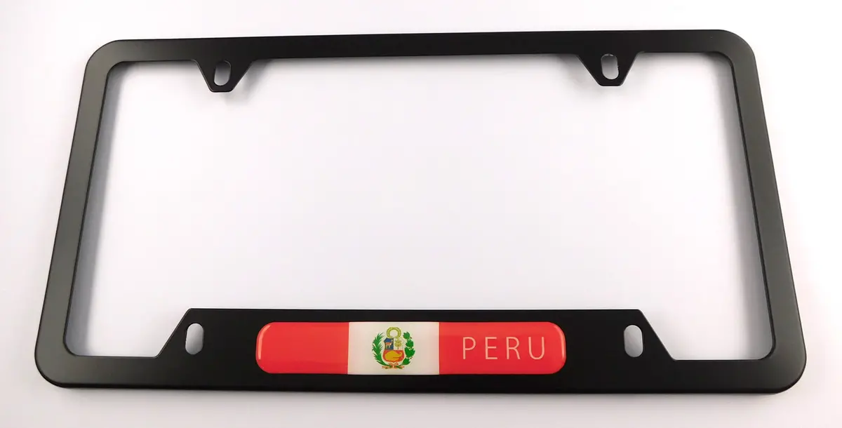 Peru Flag Metal Black Aluminium Car License Plate Frame Holder 4 Hole Bottom Cutout 1