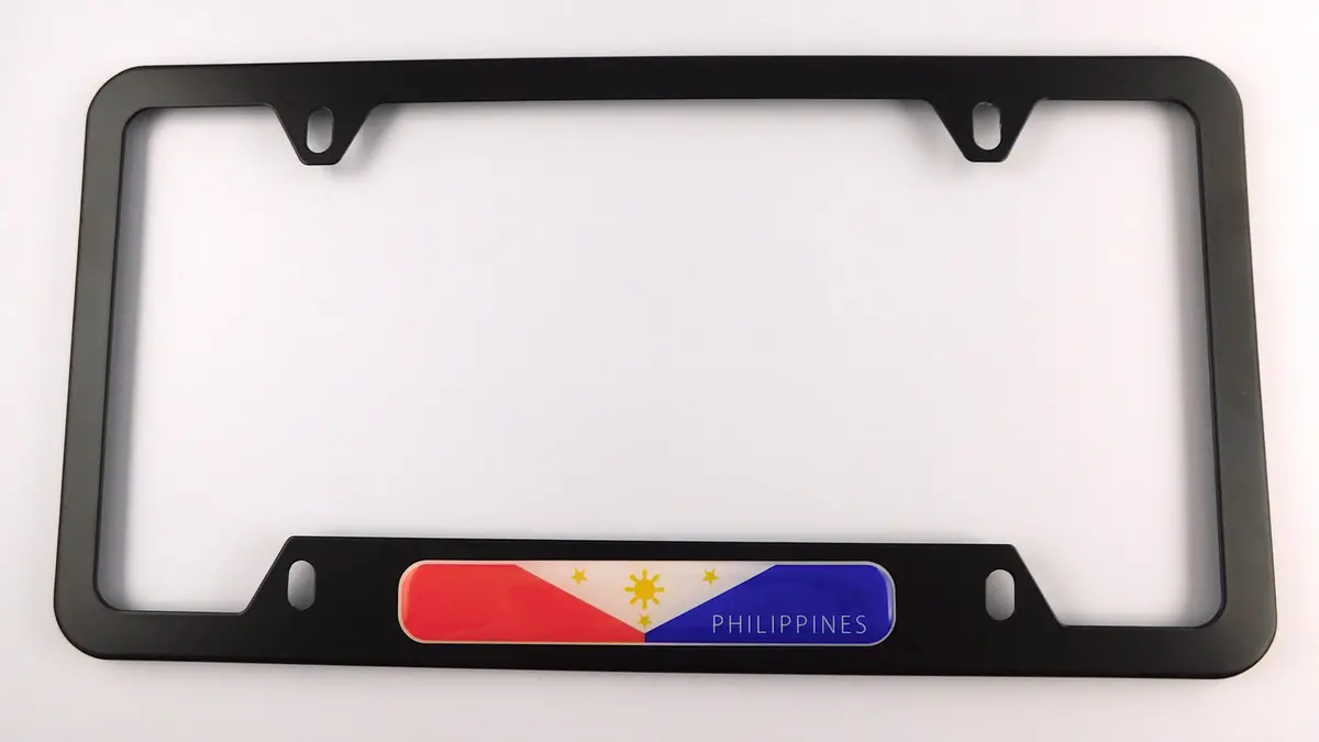 Philippines Flag Metal Black Aluminium Car License Plate Frame Holder 4 Hole Bottom Cutout 1