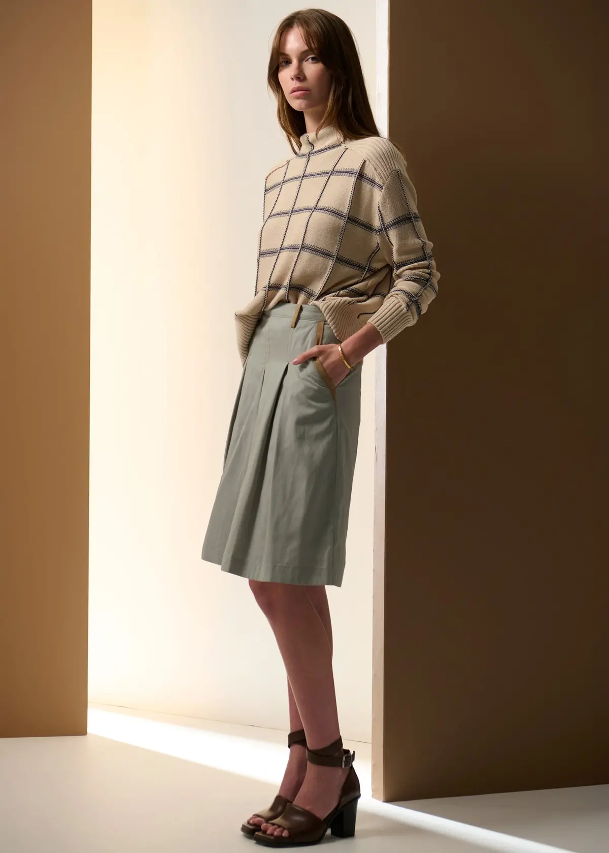 Pol - Sable Funnel Neck Knit - Pebble/Ink 4