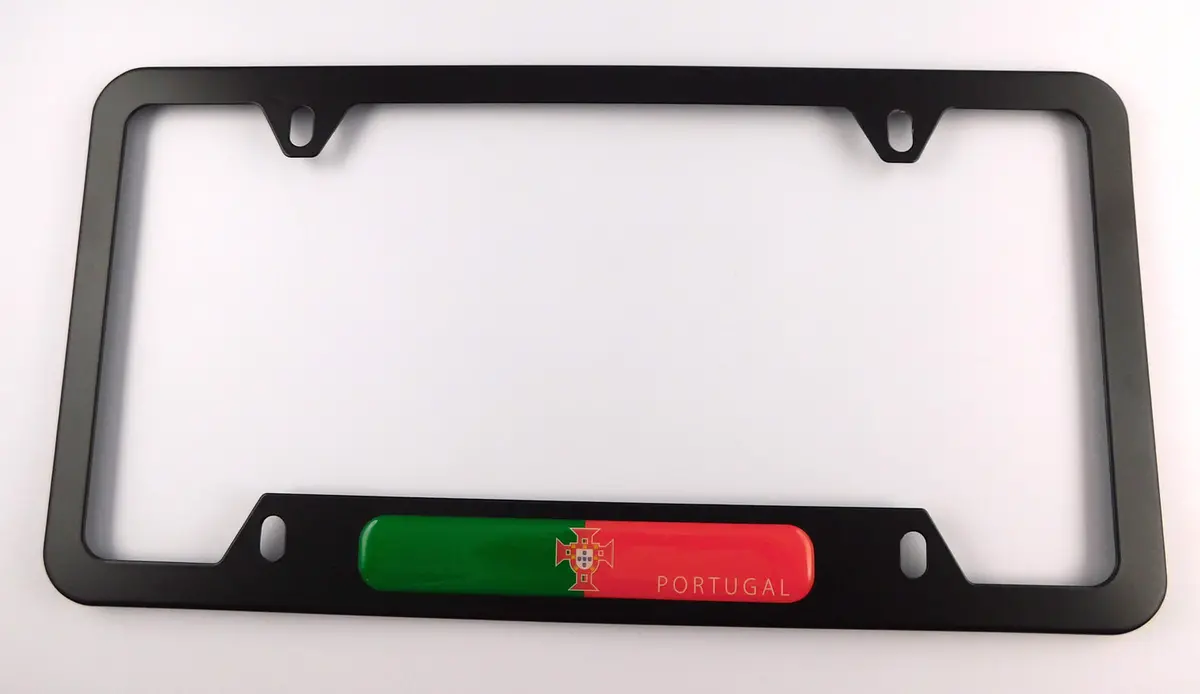 Portugal Portuguese Flag Metal Black Aluminium Car License Plate Frame Holder 4 Hole Bottom Cutout 1