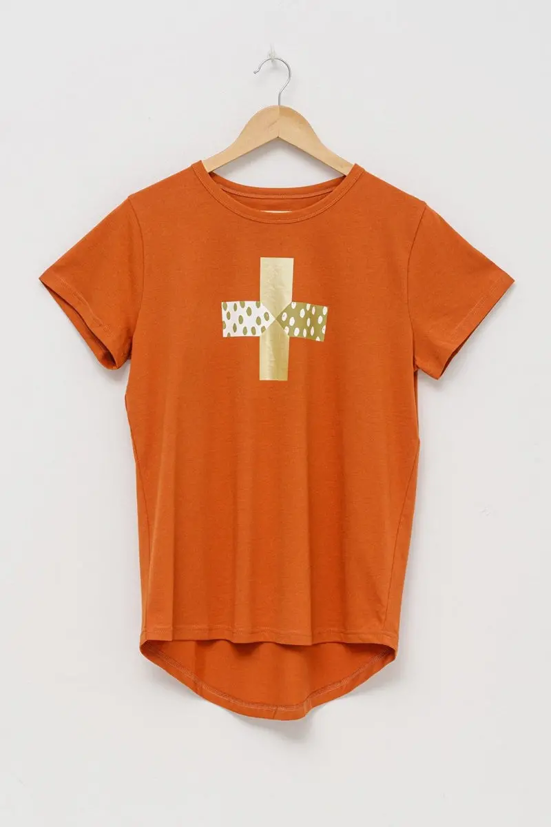 Stella + Gemma - Rust Tee With Moss Cross 1