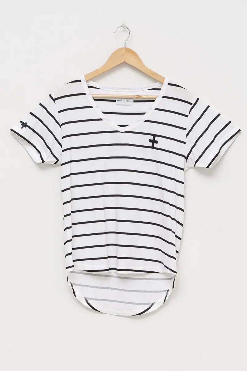 Stella + Gemma - Basics Tee V-Neck - Black / White Stripe 1