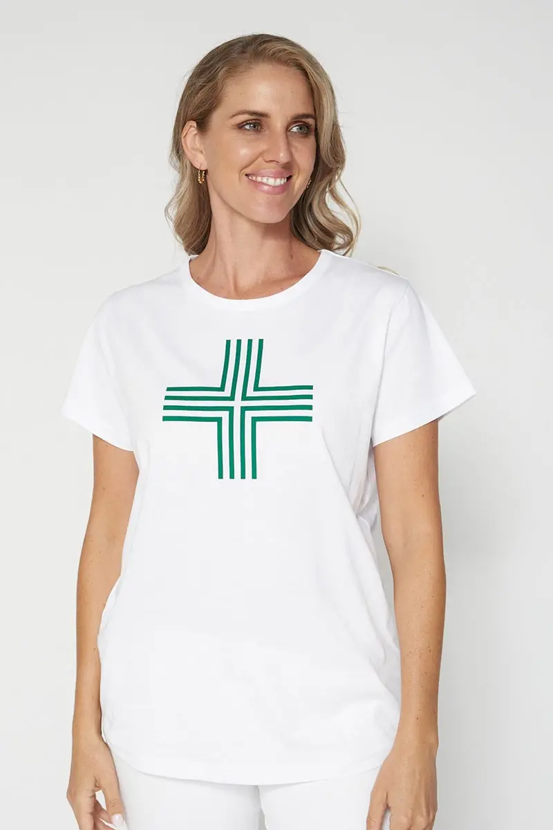 Stella + Gemma - T Shirt - White W/Green Logo Stripes 1