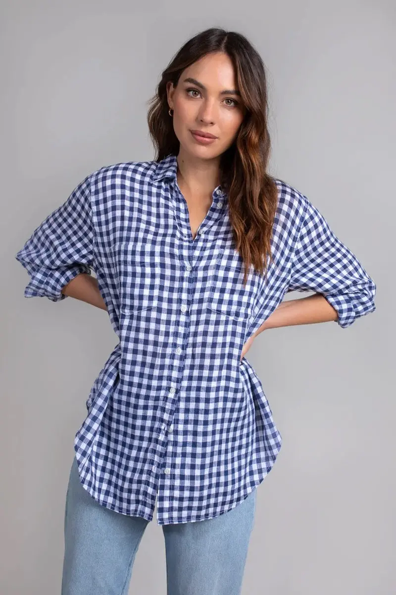 Hut - The Boyfriend Linen Shirt - Denim Blue Gingham 1