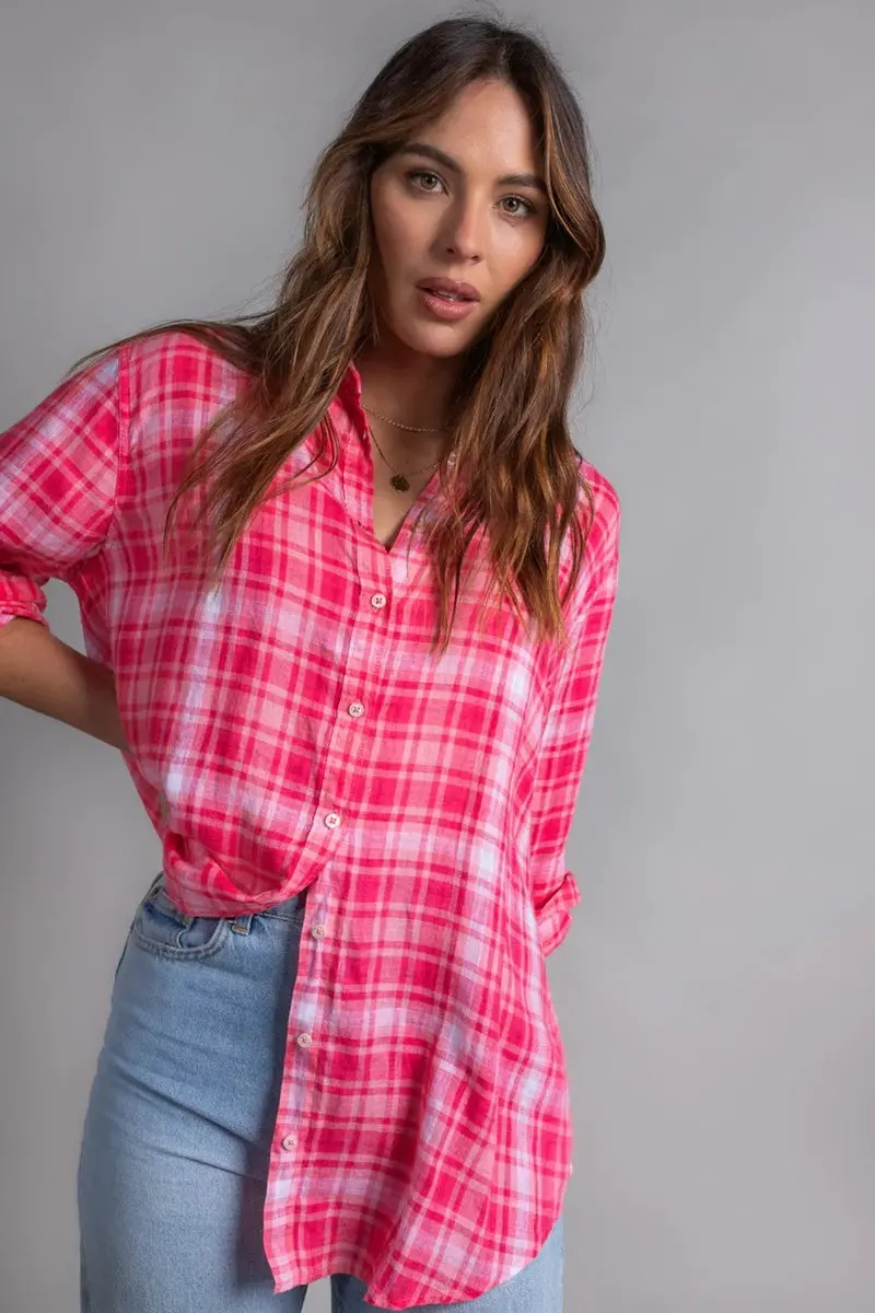 Hut - The Boyfriend Linen Shirt - Pink Shadow Plaid 1