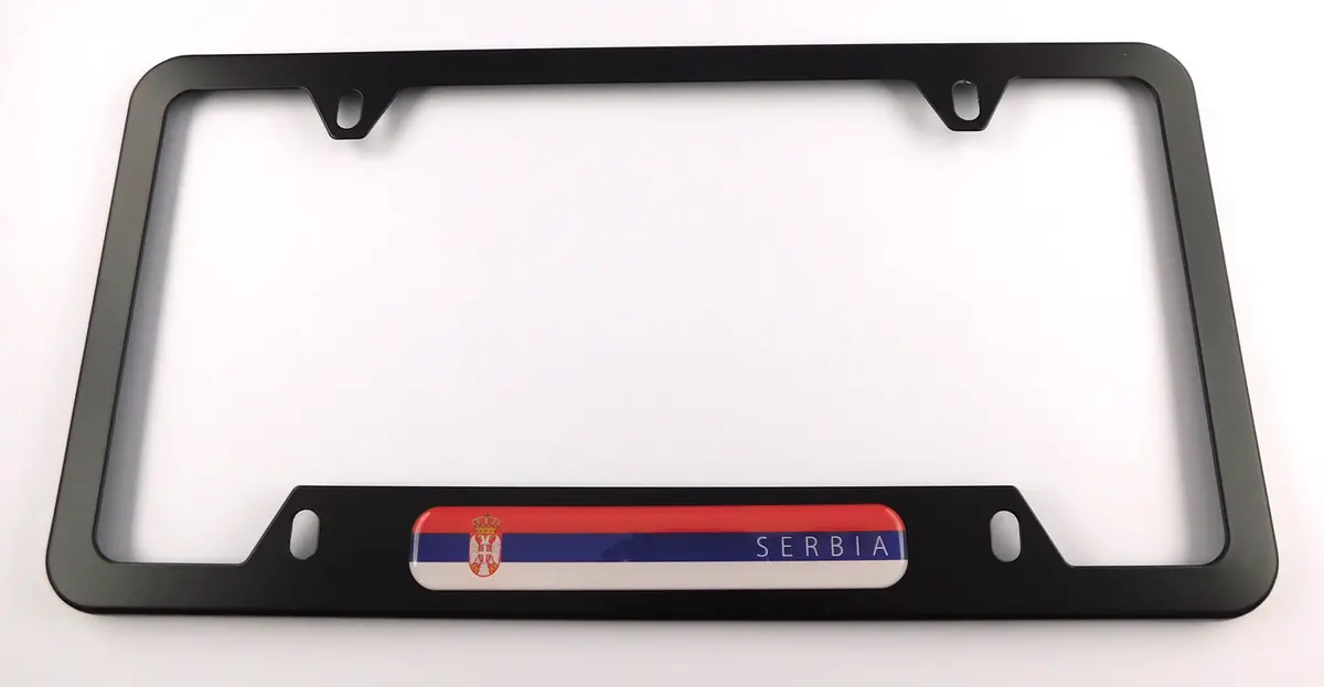 Serbia Serbian Flag Metal Black Aluminium Car License Plate Frame Holder 4 Hole Bottom Cutout 1