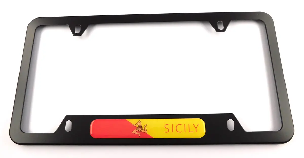 Sicily Flag Metal Black Aluminium Car License Plate Frame Holder 4 Hole Bottom Cutout 1