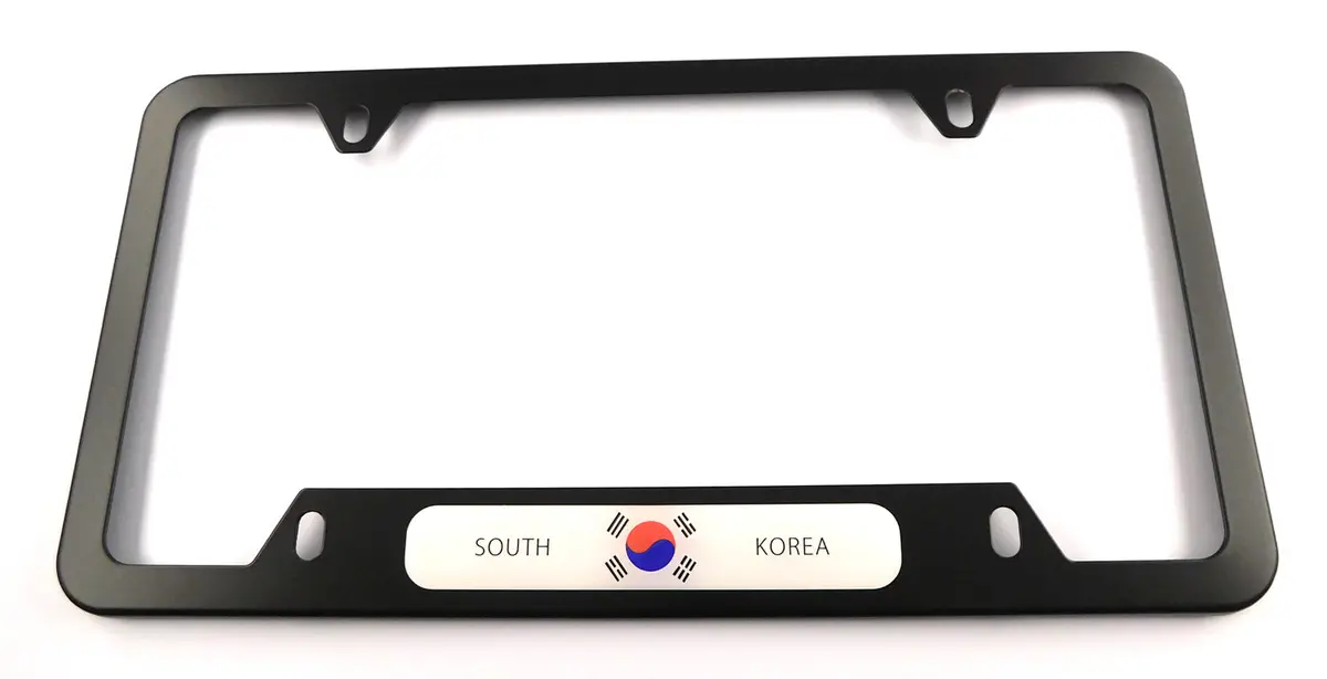 South Korea Flag Metal Black Aluminium Car License Plate Frame Holder 4 Hole Bottom Cutout 1