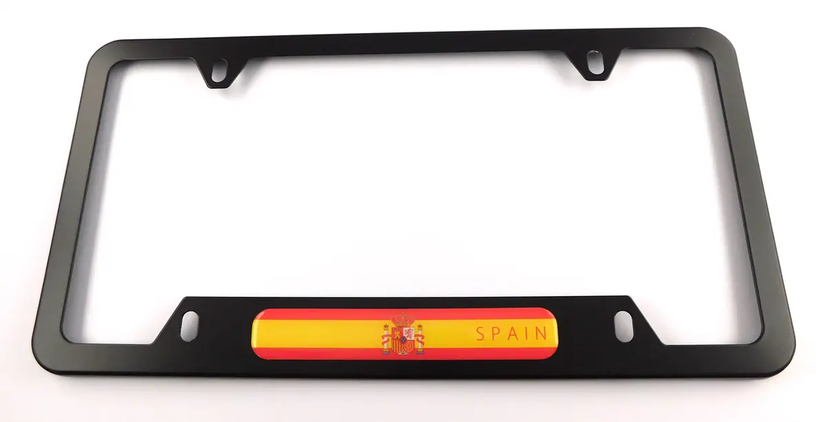 Spain Spanish Flag Metal Black Aluminium Car License Plate Frame Holder 4 Hole Bottom Cutout 1