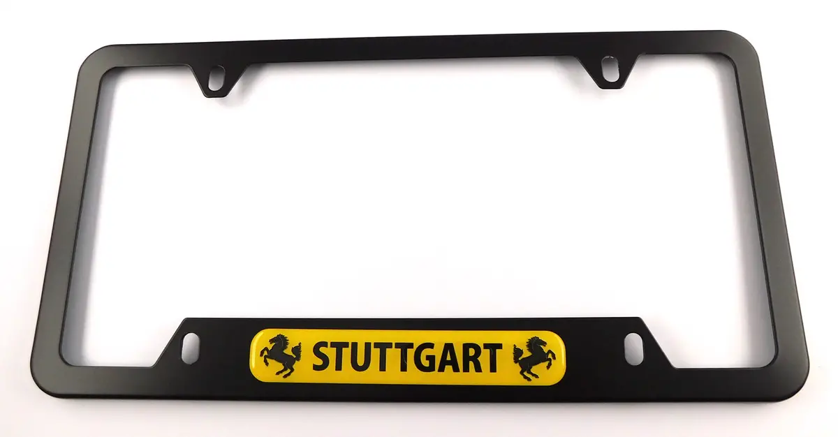 Stuttgart Metal Black Aluminium Car License Plate Frame Holder 4 Hole Bottom Cutout 1