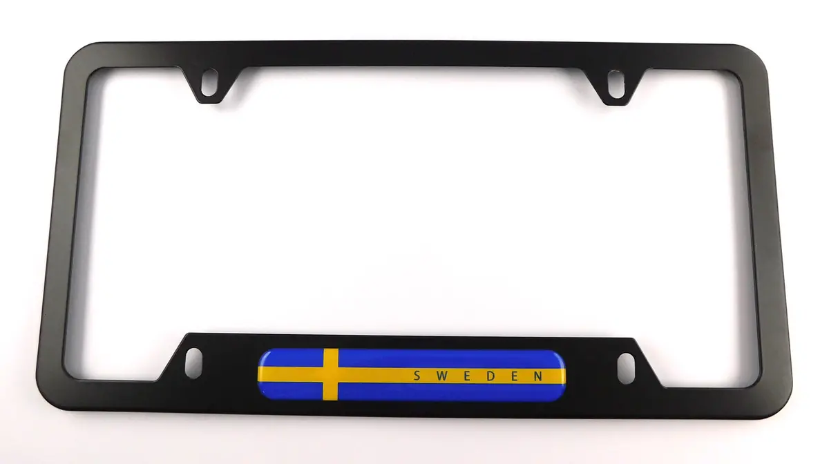 Sweden Swedish Flag Metal Black Aluminium Car License Plate Frame Holder 4 Hole Bottom Cutout 1