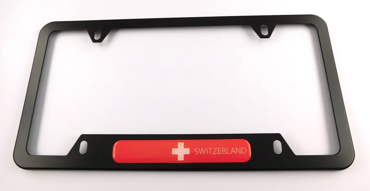 Switzerland Swiss Flag Metal Black Aluminium Car License Plate Frame Holder 4 Hole Bottom Cutout 1