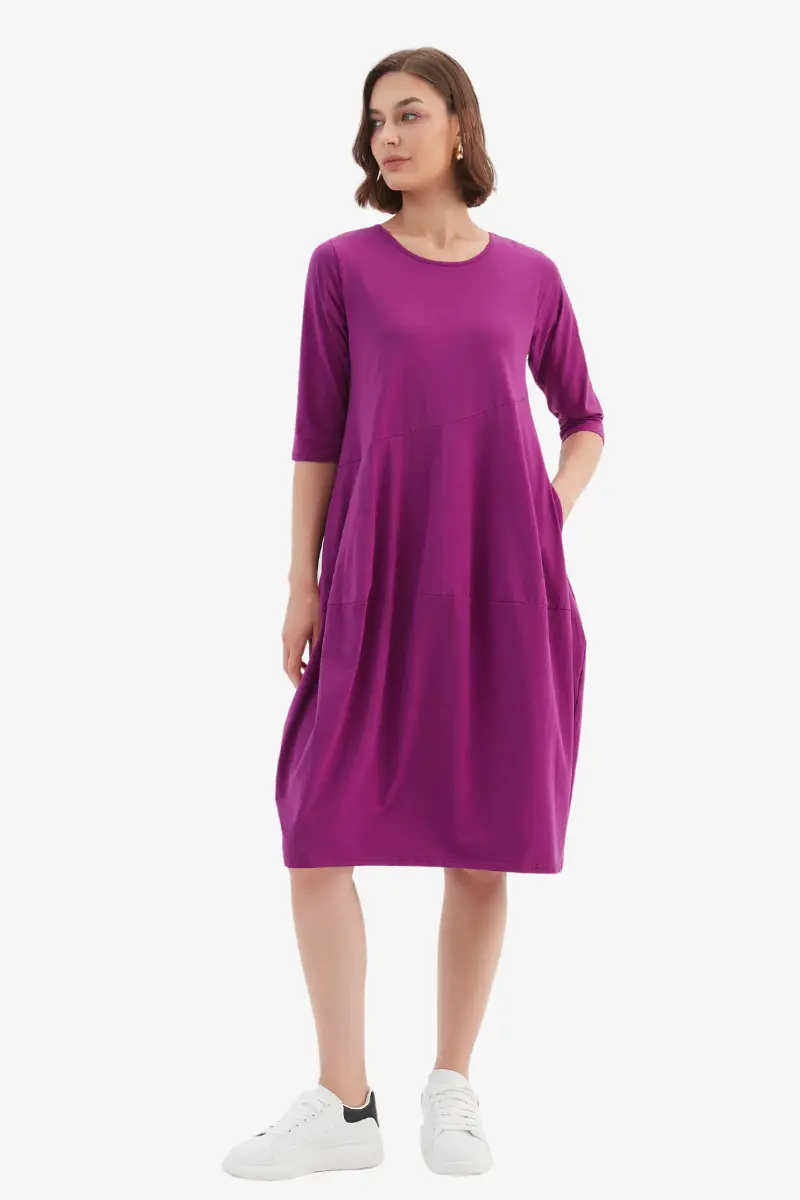 Tirelli - 3/4 Sleeve Diagonal Seam Dress - Fuchsia 1
