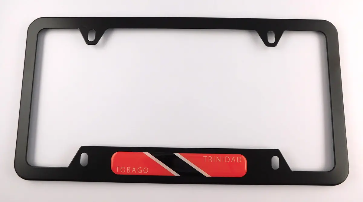 Trinidad Flag Metal Black Aluminium Car License Plate Frame Holder 4 Hole Bottom Cutout 1