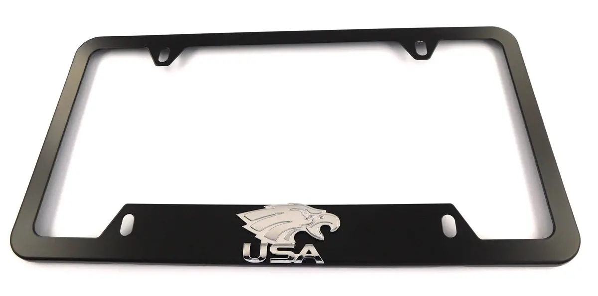 Usa Eagle Chrome Metal Black Aluminium Car License Plate Frame Holder 4 Hole Bottom Cutout 1