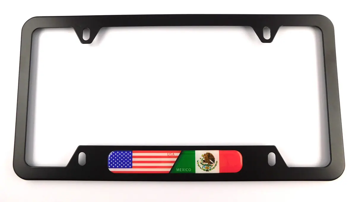 Usa Mexico Flag Metal Black Aluminium Car License Plate Frame Holder 4 Hole Bottom Cutout 1