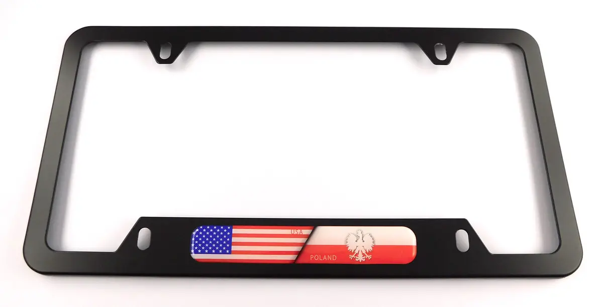 Usa Poland Flag Metal Black Aluminium Car License Plate Frame Holder 4 Hole Bottom Cutout 1