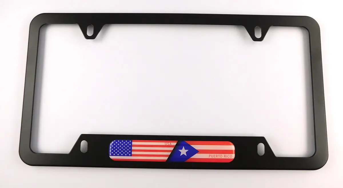 Usa Puerto Rico Flag Metal Black Aluminium Car License Plate Frame Holder 4 Hole Bottom Cutout 1