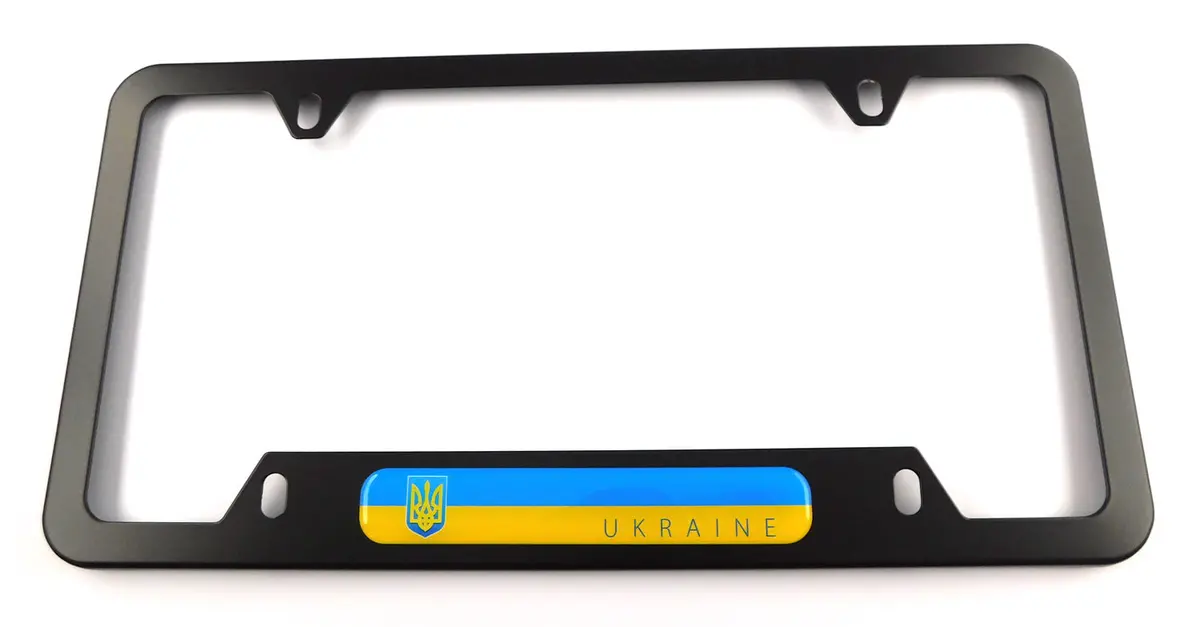 Ukraine Ukrainian Flag Metal Black Aluminium Car License Plate Frame Holder 4 Hole Bottom Cutout 1