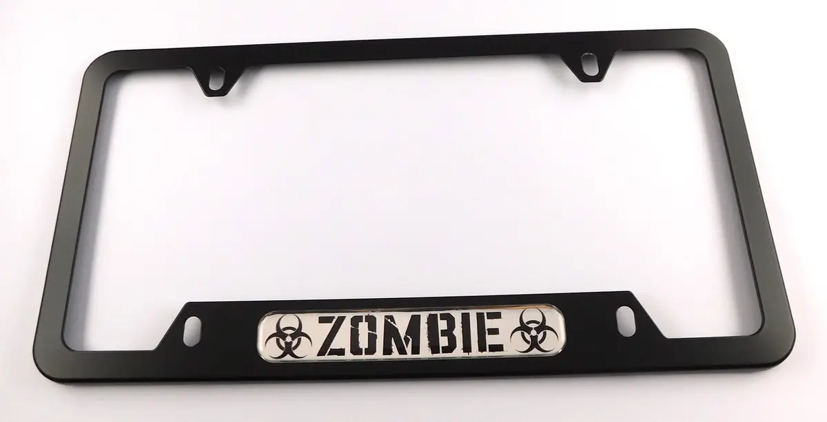 Zombie Metal Black Aluminium Car License Plate Frame Holder 4 Hole Bottom Cutout 1