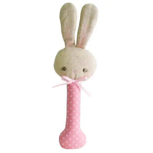Alimrose - Baby Bunny Stick Rattle - Pink With White Spot 1