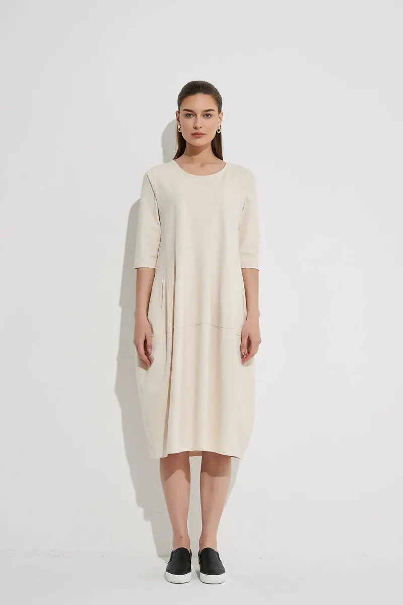 Tirelli - 3/4 Sleeve Diagonal Seam Dress - Cream 1