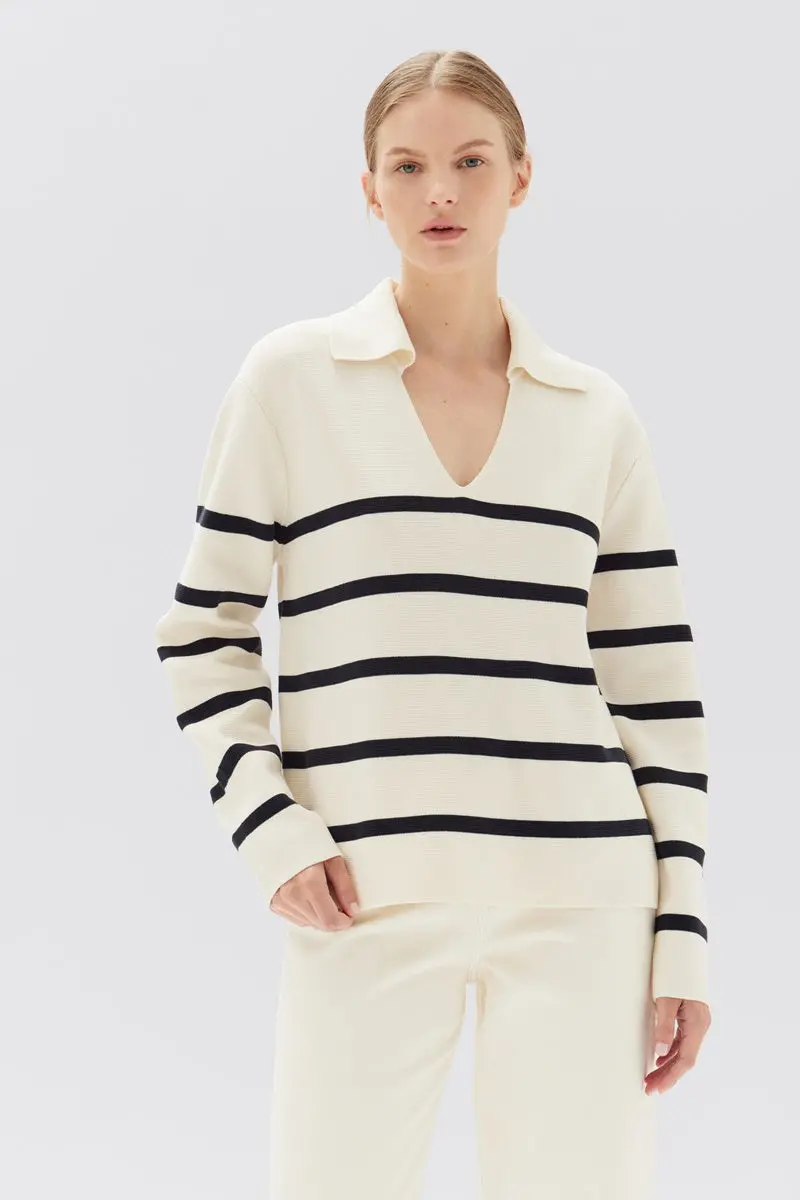 Assembly Label - Parisienne Stripe Knit Polo - True Navy Stripe 3