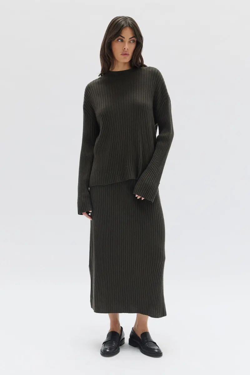 Assembly Label - Wool Cashmere Rib Skirt - Dark Olive 1