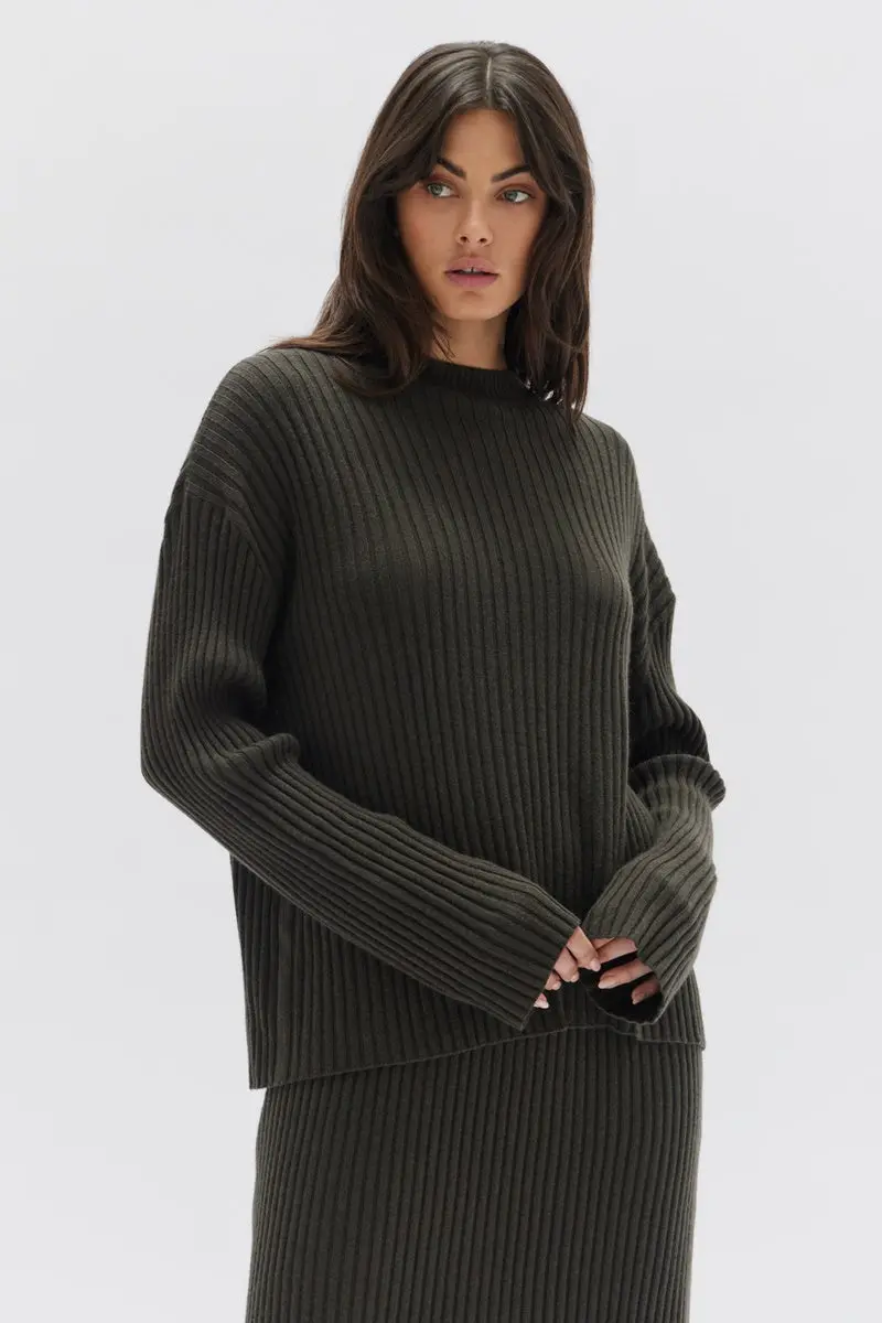 Assembly Label - Wool Cashmere Rib Long Sleeve Top - Dark Olive 1