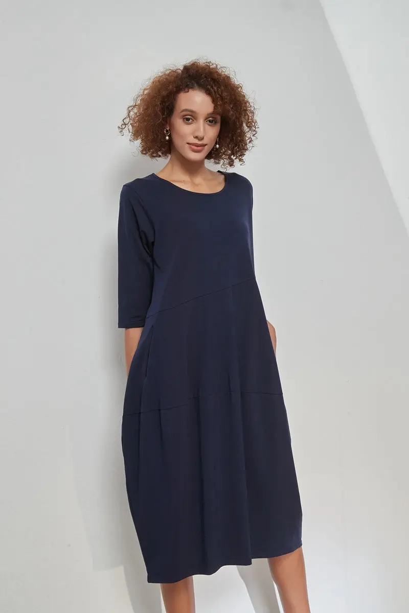 3/4 Sleeve Diagonal Seam Dress - Deep Navy 1