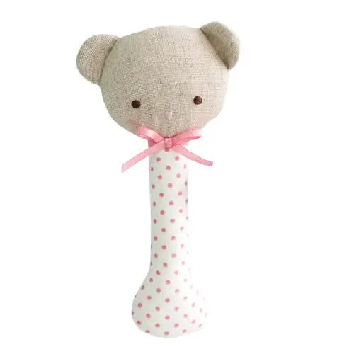 Alimrose - Baby Bear Stick Rattle - Pink Spot On Ivory 1