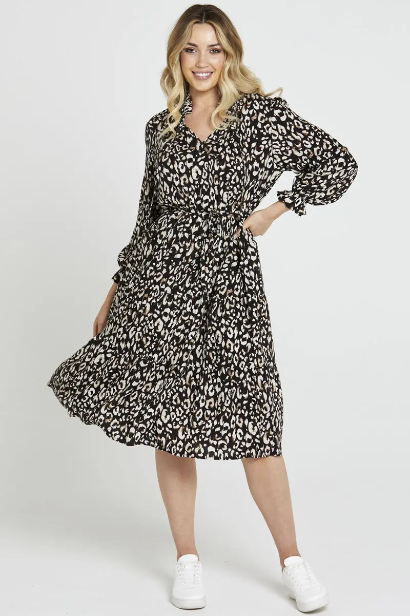 Sass - Korra Belted Tiered Midi - Black Animal 1