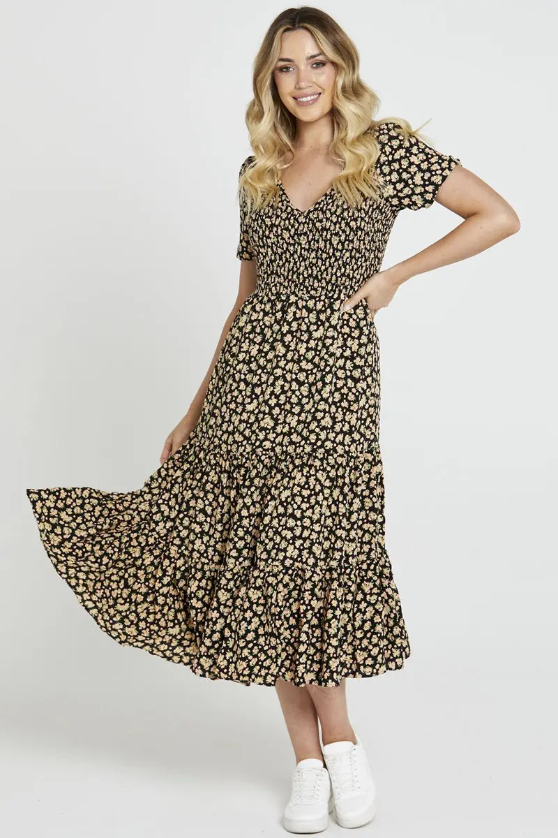 Sass - Tegan Shirred Midi Dress - Black Floral 1