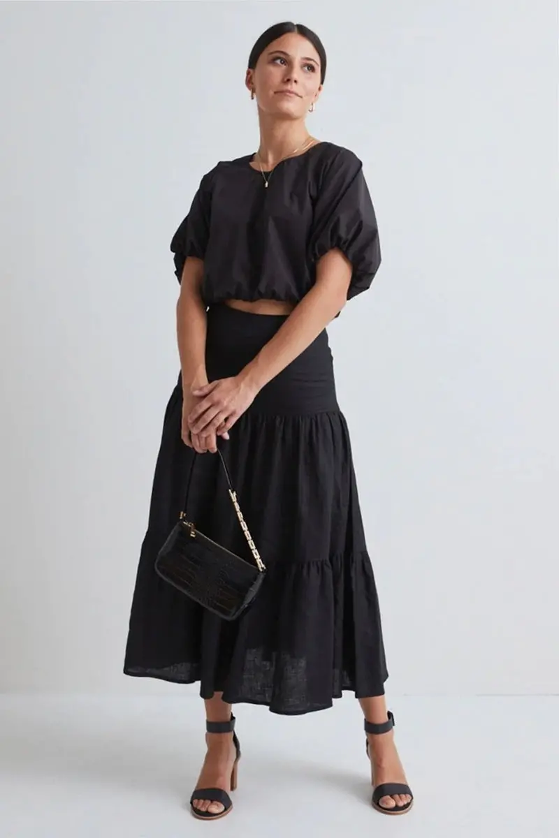 Among The Brave - Blazing Black Tiered Linen Midi Skirt 1