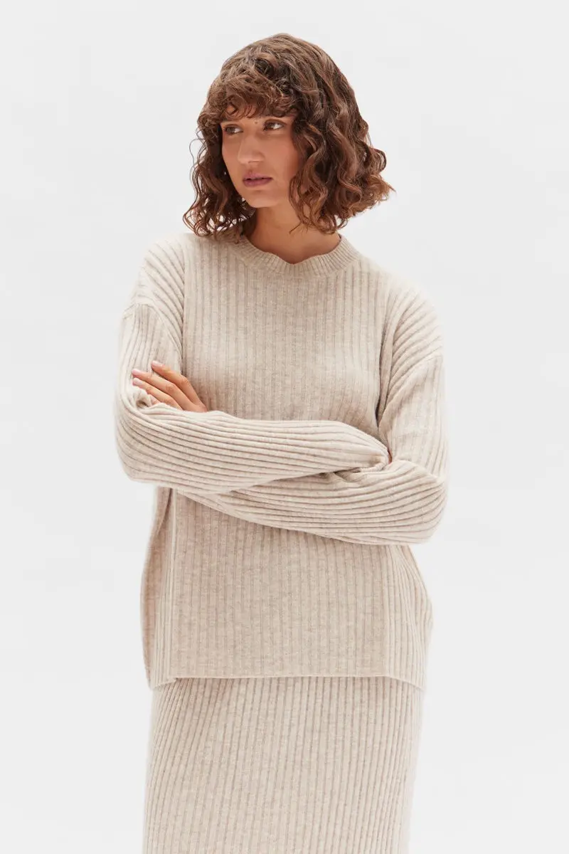 Assembly Label - Wool Cashmere Rib Long Sleeve Top - Oat Marle 1